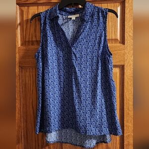 Sleeveless collared V-neck blouse, blue/black sz: M, Dana Buchman, easycare, NEW